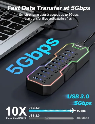 Vista 2 de Hub USB alimentado, concentrador USB 3.0 de 10 puertos con tira de LED RGB y adaptador de corriente de 12 V/2 A, extensión USB, interruptores LED
