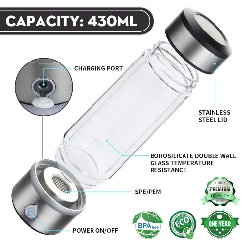 Vista 2 de Taza de agua rica en hidrógeno, ionizador de tecnología PEM, generador de agua ionizado recargable por USB, botella de vidrio antioxidante