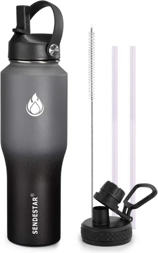 Vista 31 de SENDESTAR - Botella de agua de 0,9 L, 2 tapas (tapa con pajita), boca ancha de acero inoxidable aislada al vacío, doble pared, mantiene los líquidos