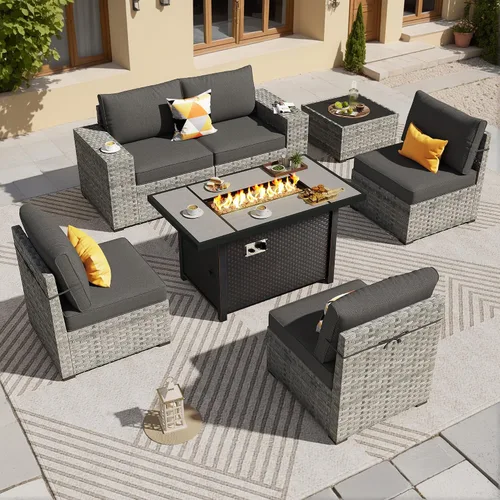 Vista 18 de ovios Juego de muebles de patio de 6 piezas, sofá seccional de mimbre para exteriores con mesa auxiliar, cómodos cojines, moderno sofá modular Beige