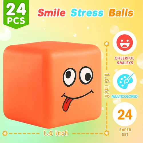 Vista 2 de Pelotas antiestrés para niños: mini bola de estrés con cara sonriente, paquete de 24, juguetes elásticos para aliviar la ansiedad y el estrés