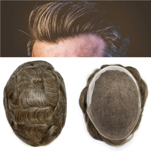 Vista 29 de FACE MIRACLE - Extensiones de cabello humano con encaje frontal francés y nudos blanqueados para hombre, sistema de reemplazo de cabello