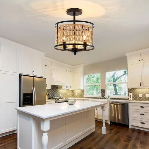 Vista 5 de Lámpara de techo de ratán de 3 luces, de 11 pulgadas, estilo bohemio, semiempotrada, lámpara de techo negra tejida a mano para casa de campo