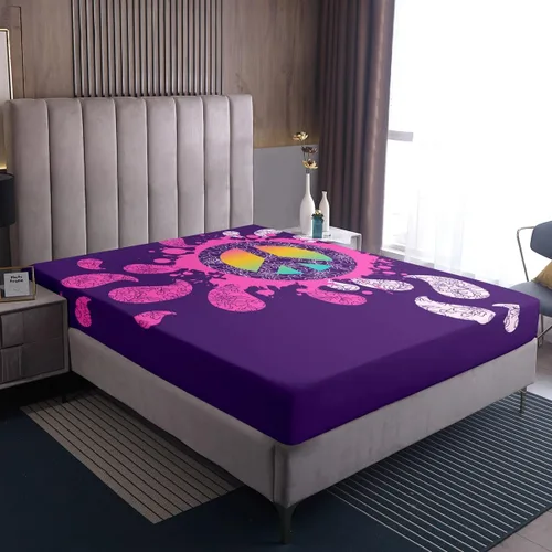 Vista 5 de Erosebridal - Juego de sábanas hippie para niños, tamaño doble, diseño de signo de la paz púrpura, sábana bajera bohemia, exótica para niños