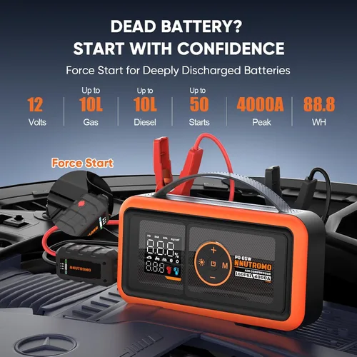Vista 4 de Arrancador de salto de 24000mAh 4000A con compresor de aire, carga rápida Caja de salto y banco de energía de 88.8 Wh, inflador de parada automática