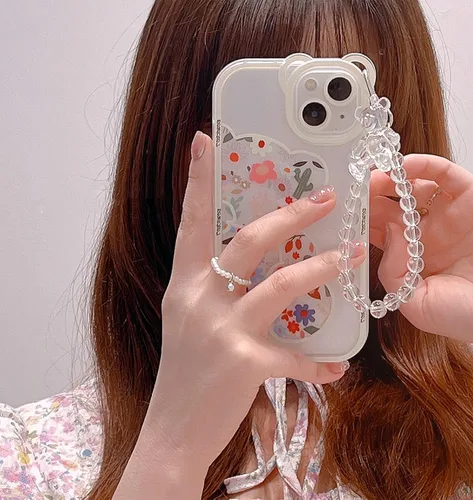 Vista 3 de Funda compatible con iPhone 8 Plus, bonito protector de cámara con diseño de oso de flores transparentes con bonita correa y cadena para niñas