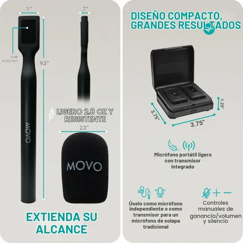 Vista 3 de Movo WMX-2 Micrófono de solapa inalámbrico Lavalier con estuche de carga y adaptador de mano WMX-HM - Micrófono Lav, micrófono de solapa de 2.4 GHz