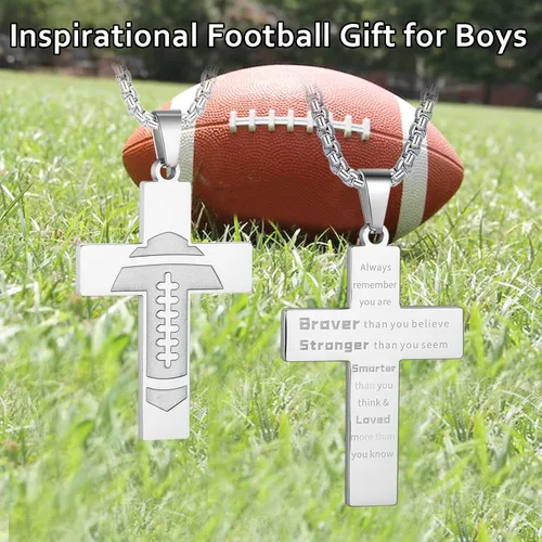Vista 5 de HattiDoris Collar de cruz de fútbol para niños, colgante de cruz de versículo bíblico inspirador de cadena de acero inoxidable de 22 + 2 pulgadas