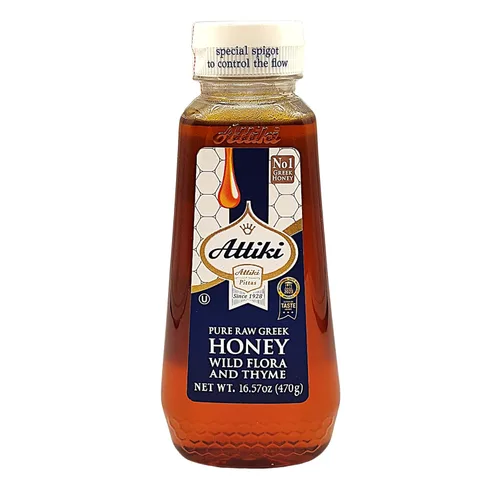 Vista 5 de Attiki Miel griega pura con tomillo, flores silvestres y hierbas, perfecta para hornear, cocinar, limonada y té, 9.5 oz (270 gramos), botella