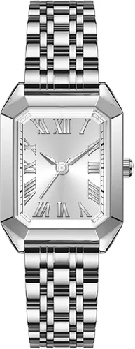 Vista 7 de Relojes para mujer, caja rectangular vintage, banda de acero inoxidable, reloj de pulsera para mujer, números romanos simples, resistente al agua