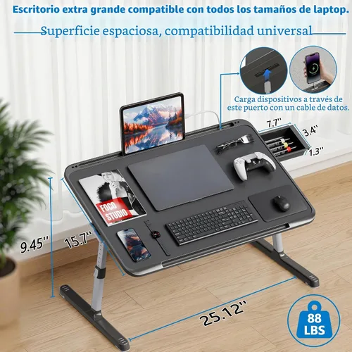 Vista 2 de Potuopy Escritorio ajustable para computadora portátil, bandeja de mesa de Negro