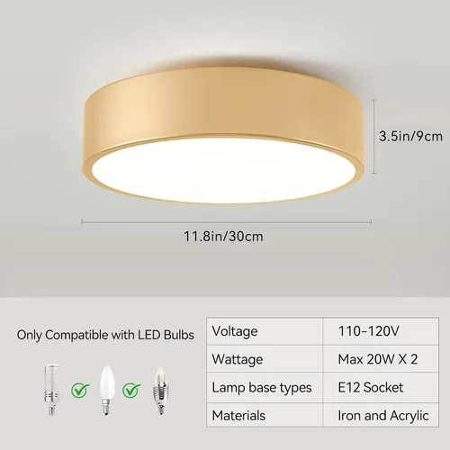 Vista 3 de Moderna lámpara de techo de montaje empotrado dorada, luces de techo redondas contemporáneas de 2 luces con pantalla de acrílico blanco
