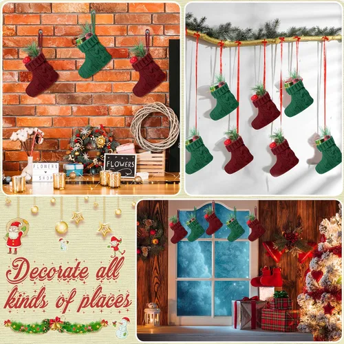 Vista 6 de Jerify 24 mini medias de Navidad de 3.94 pulgadas, calcetines de punto pequeños de Navidad, calcetines colgantes de Navidad, adornos rústicos