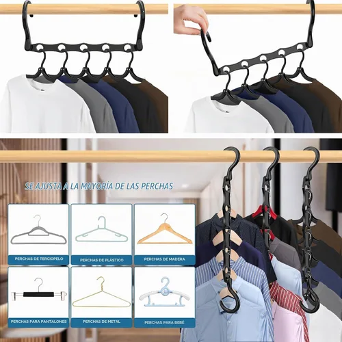 Vista 4 de Paquete de 10 perchas mágicas de plástico que ahorran espacio, organizador de perchas para camisas que ahorran espacio, múltiples perchas para ropa