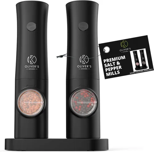 Vista 8 de Oliver's Kitchen ® Molinillos eléctricos de sal y pimienta, no requiere baterías con base USB-C recargable, fácil operación con 1 toque, grosor