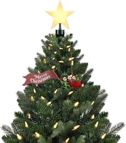 Vista 6 de Mr. Christmas Adorno de árbol animado de trineo de Papá Noel con pancarta, rojo (8 pulgadas)
