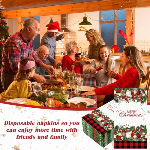 Vista 3 de Cholemy 200 servilletas de papel desechables de papel de 2 capas, diseño de bola de árbol de Navidad, diseño de Papá Noel negro, para cocina y baño