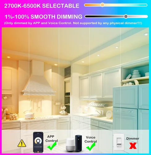 Vista 2 de CLOUDY BAY Luz empotrable LED inteligente de 4 pulgadas, iluminación empotrada que cambia de color, compatible con Alexa y Google Home Assistant