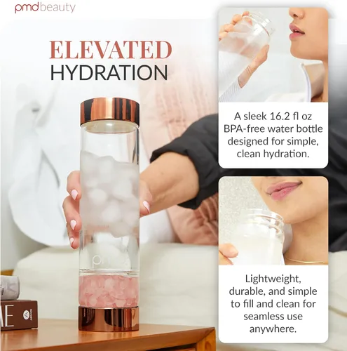 Vista 3 de PMD Beauty Botella de agua de vidrio Aqua con cuarzo rosa grado A de 16.2 onzas, botella de vidrio reutilizable, sin BPA, diseño minimalista