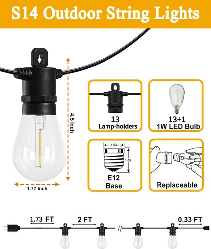 Vista 2 de Luces de Cadena para Patio Exterior de 26 Pies IP65 Impermeables Luces de Cadena Exteriores LED con 13+1 Bombillas S14 1W Irrompibles para Patio
