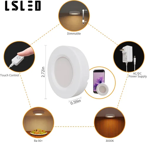Vista 6 de Luces LED de disco con cable, regulables debajo del gabinete, carcasa de aluminio con interruptor táctil, paquete de 3 unidades de 9 W 3000 K blanco