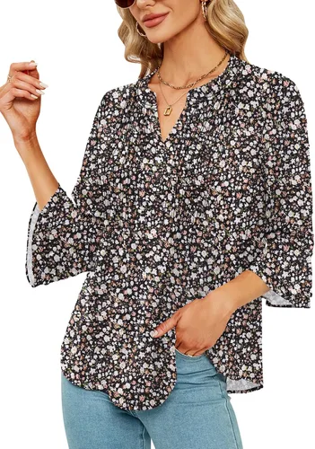 Vista 2 de Blusas de gasa para mujer, manga 34, cuello en V, plisadas, con volantes, lunares suizos, blusas de trabajo para mujer, linda camisa de verano