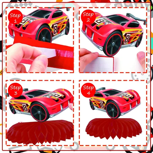 Vista 4 de 8 piezas de decoración de fiesta de coche de carreras, centro de mesa de papel de panal de abeja, centros de mesa Let's Go Racing de doble cara 3D