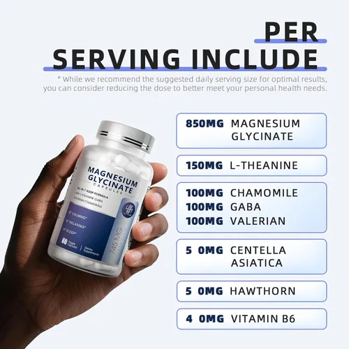 Vista 2 de iMATCHME Cápsulas de glicinato de magnesio 850 mg con L-Teanina, manzanilla y GABA para el sueño, la calma, los músculos, la salud ósea y el apoyo