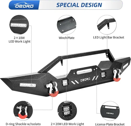 Vista 8 de OEDRO parachoques delantero compatible con Jeep Wrangler JL/JLU 2018-2025, 20-25 Gladiator, parachoques Rock Crawler con montaje de placa