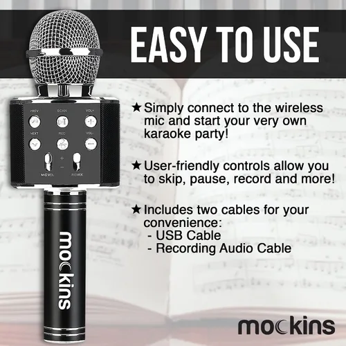 Vista 8 de Mockins Micrófono de Karaoke Bluetooth Negro para Niños con Altavoz Bluetooth Integrado Micrófono Inalámbrico de Karaoke Compatible con iPhone