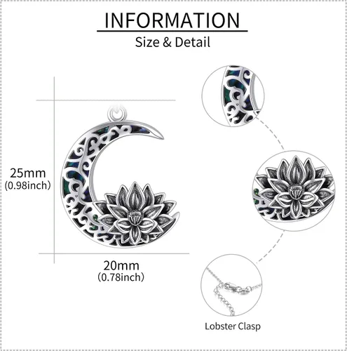 Vista 3 de JERWLI Collar de flor de loto de plata de ley 925 con colgante de luna de loto, joyería para mujer, Plata esterlina, No es una piedra preciosa