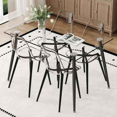 Vista 8 de Juego de mesa de comedor de vidrio Ebullient para 4, mesa de 51" de vidrio templado transparente con patas de metal negro y 4 sillas de acrílico