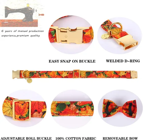 Vista 2 de DOGWONG Collar de otoño para perro con lazo, collar de moño para perro de Acción de Gracias, collar ajustable de algodón de otoño con hoja de arce