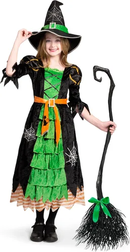 Vista 5 de Spooktacular Creations Disfraz de bruja de cuento de hadas con escoba para niñas Verde