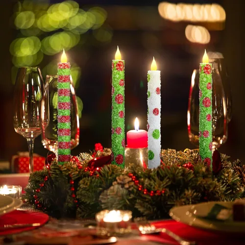 Vista 4 de Baquler 6 velas cónicas sin llama de Navidad de 10.6 pulgadas con temática de elfo, velas LED de Navidad que funcionan con pilas, candelabros