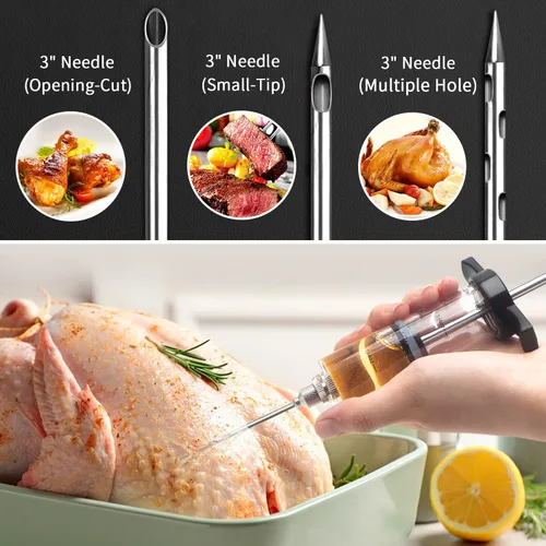 Vista 3 de Kit de inyector de carne de plástico Tri-Sworker para ahumador con 3 agujas de jeringa para inyectar sabores, ideal para inyectar adobo en pavo