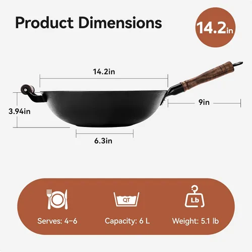 Vista 2 de WANGYUANJI Wok de hierro fundido con fondo plano de 14.21 pulgadas con espátula tradicional de hierro