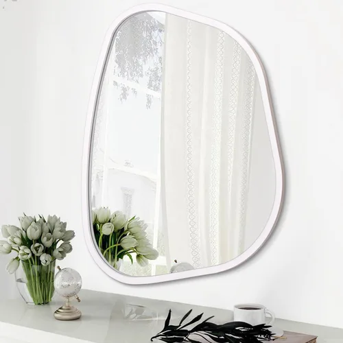 Vista 16 de Espejo asimétrico para pared, marco de madera ovalado irregular, moderno, único, espejo de pared decorativo para baño, sala de estar, dormitorio