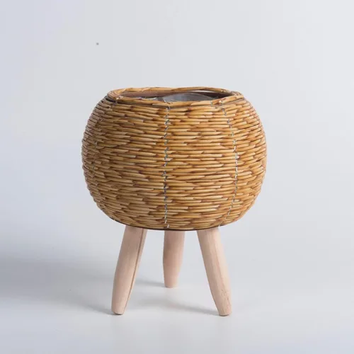 Vista 6 de Gazechimp Maceta tejida con patas, cesta rústica de ratán para balcón, apartamento, decoración de sala de dibujo, color marrón claro