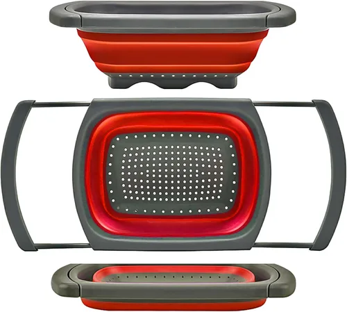 Vista 8 de Qimh Colador plegable, colador sobre el fregadero, coladores de alimentos con asas extensibles, 6 cuartos de galón, colador plegable de cocina apto