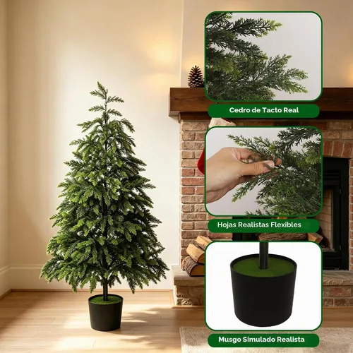 Vista 2 de Cllayees 4FT Cedar Christmas Tree with Lights Artificial Potted Tree Timer, 80 LEDs, Lighted Fake Trees, Front Porch Outdoor Indoor Decor, Christmas