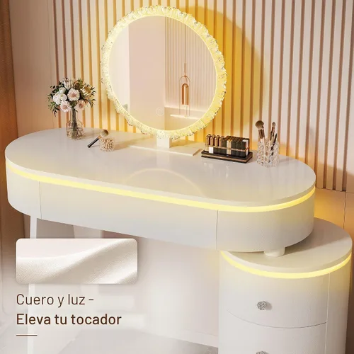 Vista 2 de KDCAS Escritorio redondo de maquillaje con espejo y luces, escritorio moderno de piel sintética con gabinete lateral reversible, mesa de tocador