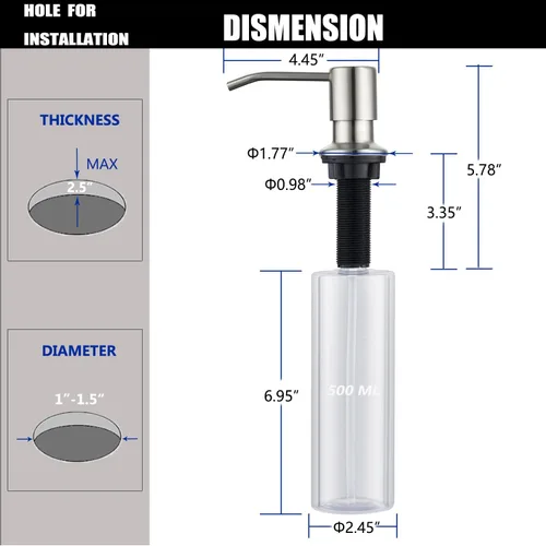 Vista 6 de Dispensador de jabón para fregadero de níquel cepillado, dispensador de jabón para fregadero de cocina de acero inoxidable con recarga desde arriba