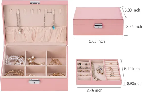 Vista 7 de Smileshe Joyero para mujeres y niñas, organizador de piel sintética con cerradura, 2 capas extraíbles de almacenamiento de viaje para anillos