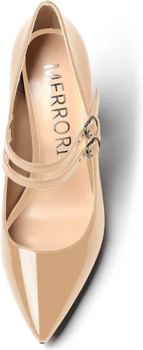Vista 3 de MERRORI Vestido sólido con correa ajustable para mujer, con hebilla de patente, puntera puntiaguda, tacón alto, zapatos de 4 pulgadas Beige