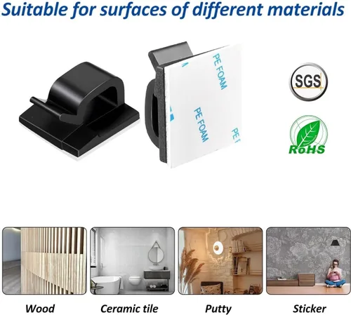 Vista 3 de 150 clips adhesivos para cables negros, organizador de cables para exteriores, organizador de cables para debajo del escritorio, automóvil, pared