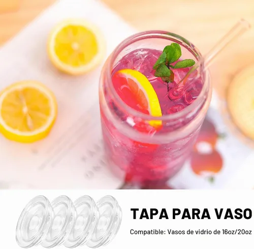 Vista 5 de Joyclub Paquete de 4 tapas acrílicas para vasos de vidrio de 16 onzas con tapas de bambú y pajitas, vasos reutilizables para café helado, vasos