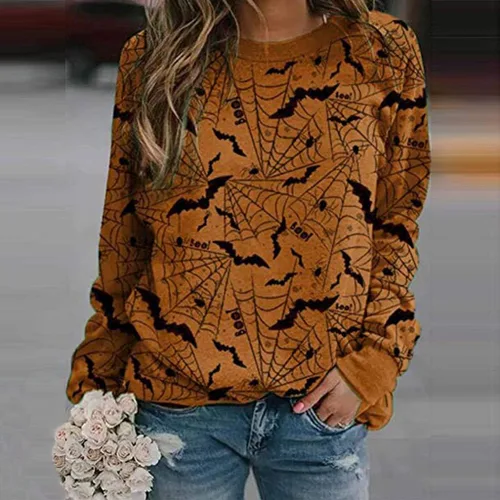 Vista 2 de Pumpkin Print Sweatshirt Halloween Crewneck Shirt Cats Graphic Printed Long Sleeve Loose Pullover Top Fall Sweaters