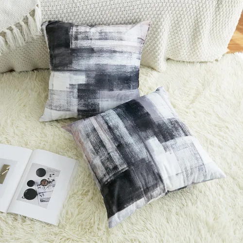 Vista 4 de chiinvent Juego de 2 fundas de almohada abstractas de terciopelo blanco y negro, fundas de almohada modernas, color gris, suaves, elegantes