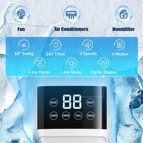 Vista 8 de Enfriador de aire evaporativo, aire acondicionado portátil 3 en 1 para habitación, 4 modos y 3 velocidades, unidad de CA portátil de enfriamiento